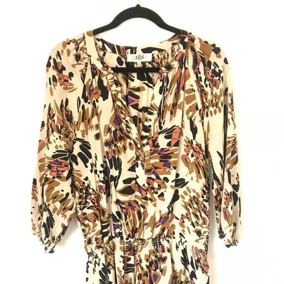 Tibi Abstract Animal Print Silk Dress Elastic Waist 3/4 Sleeves Size 6 Cream - Picture 4 of 11